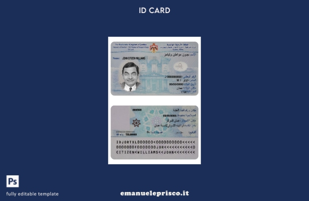 modello di carta d'identità giordana in stile verificato ( presente).